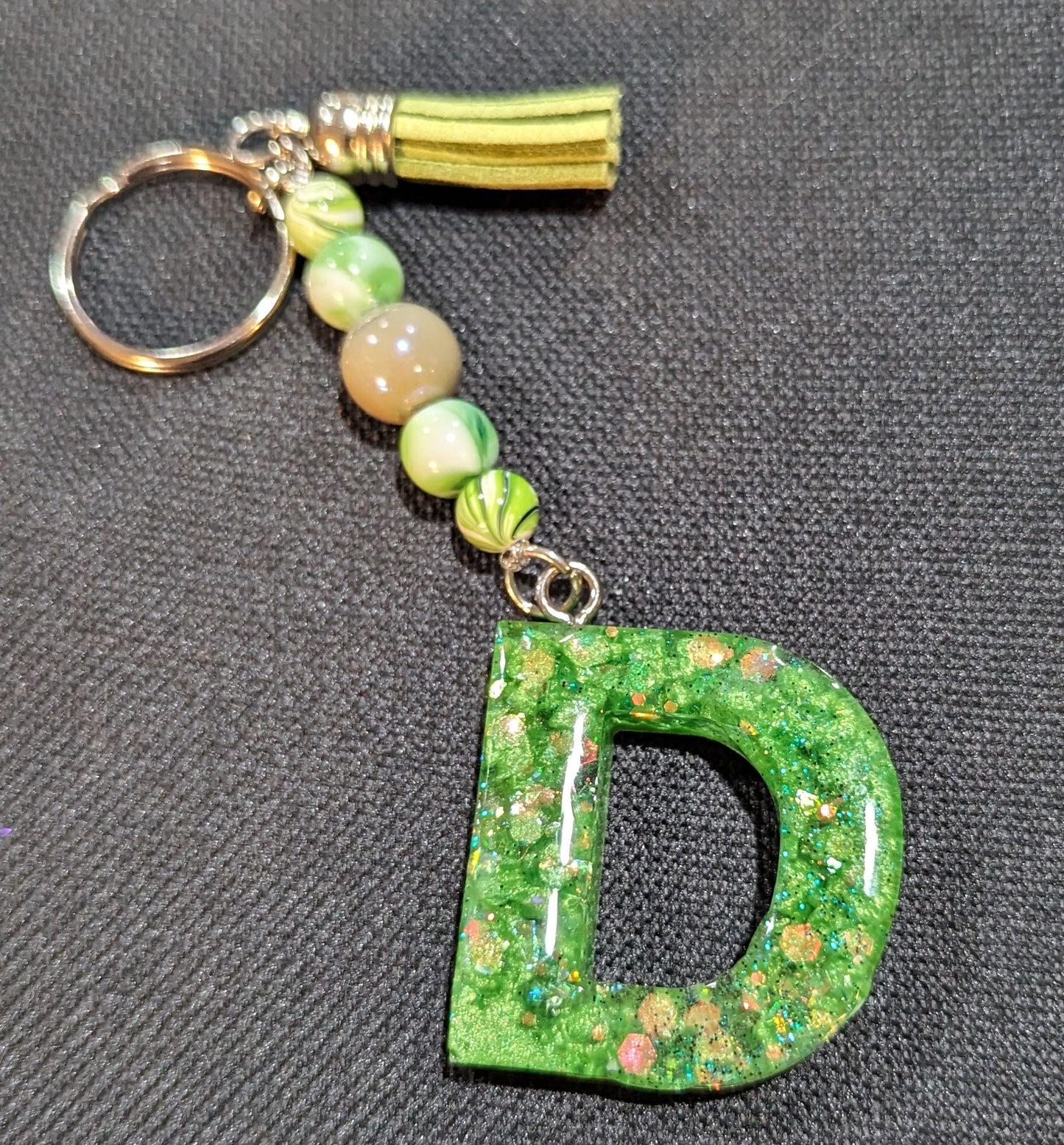 D letter green beaded keychain