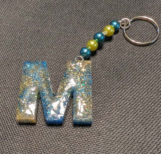 M letter Blue and gold beaded keychain