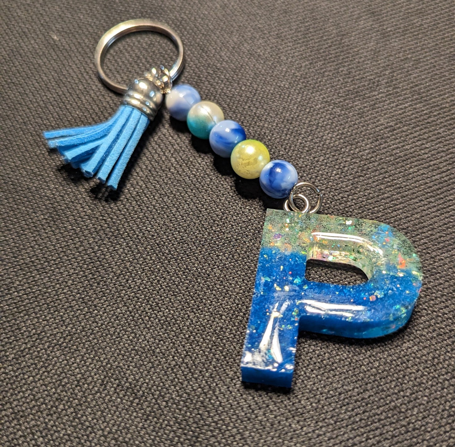 P letter blue and yellow beaded keychain