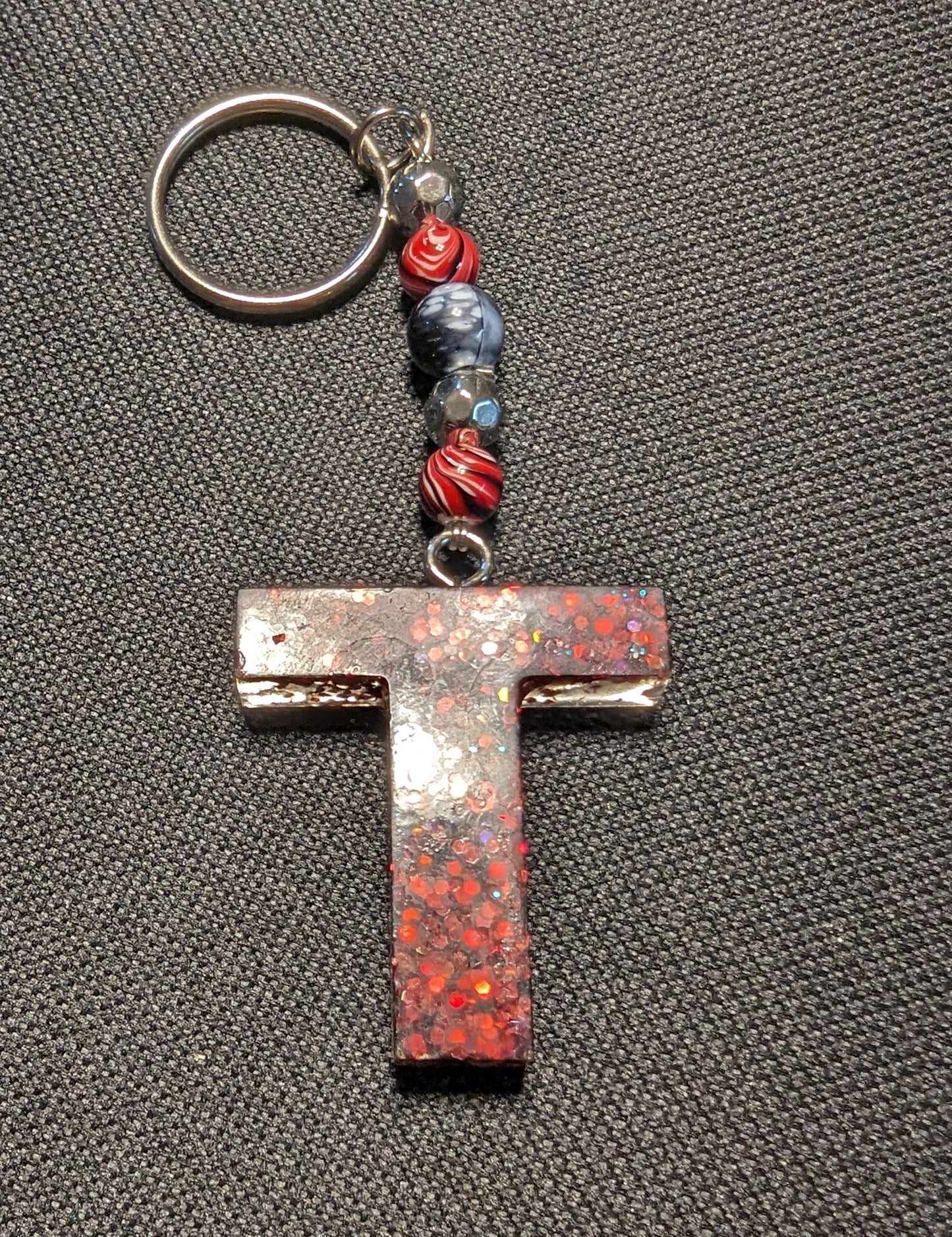 T letter red beaded keychain