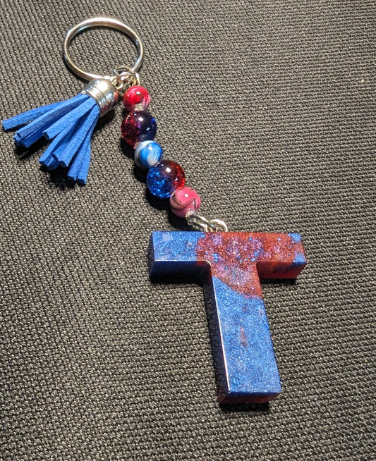 T letter red and blue beaded keychain