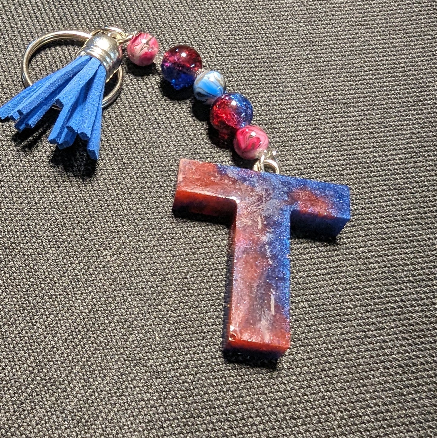 T letter red and blue beaded keychain