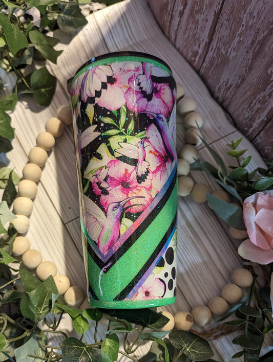 Custom 22 oz double insulated epoxy Tumbler with hummingbirds and flowers
