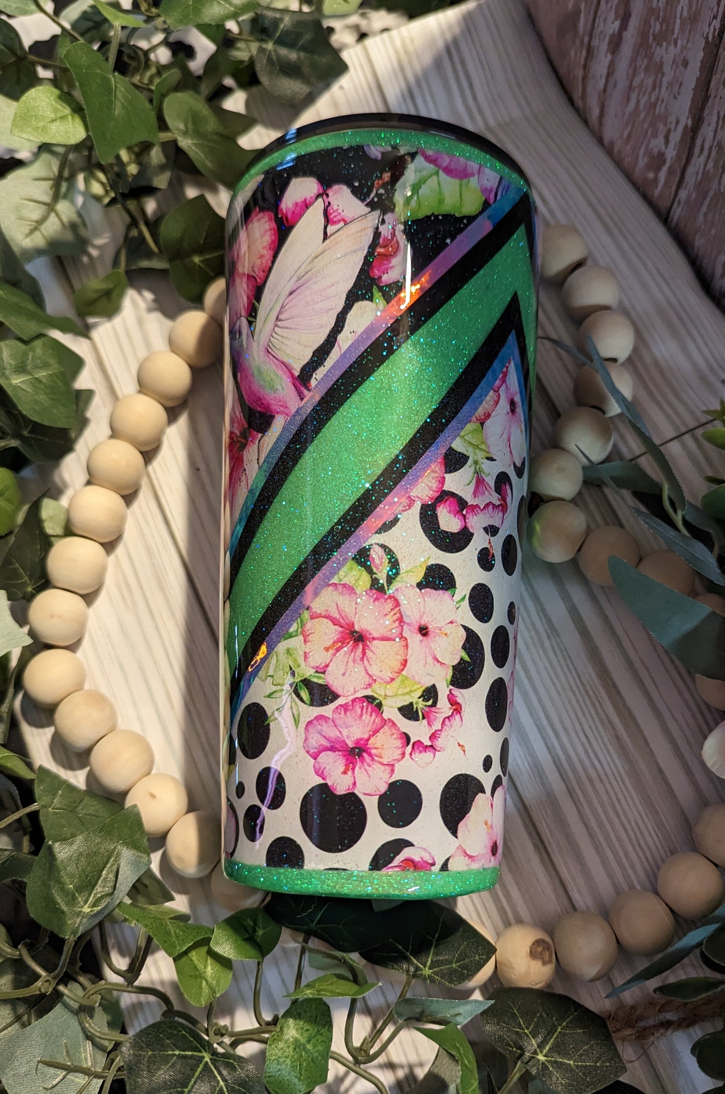 Custom 22 oz double insulated epoxy Tumbler with hummingbirds and flowers
