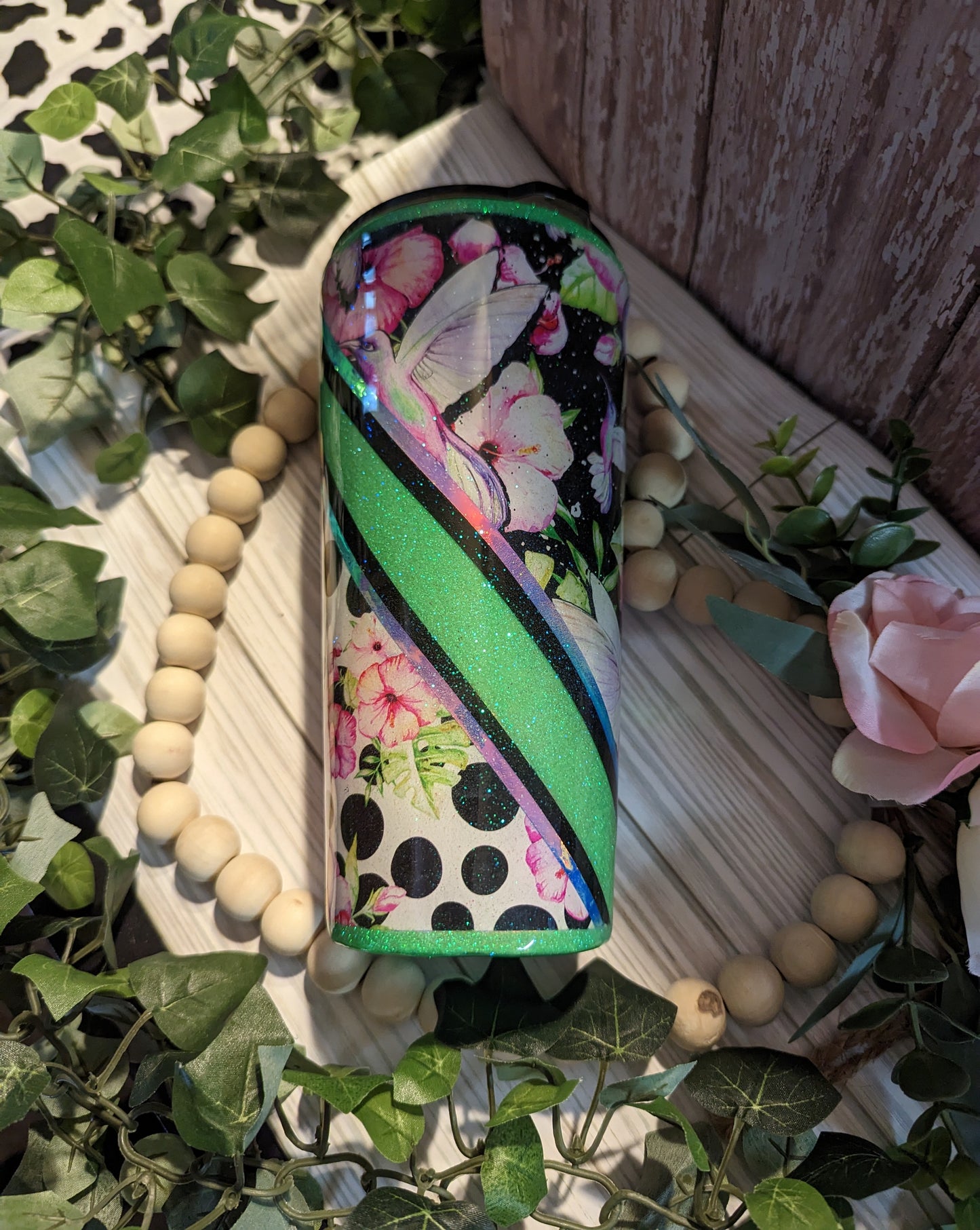 Custom 22 oz double insulated epoxy Tumbler with hummingbirds and flowers