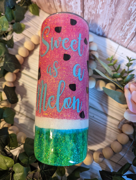 20 OZ watermelon "sweet as a melon" stainless steel double insulated epoxy tumbler with lid and straw