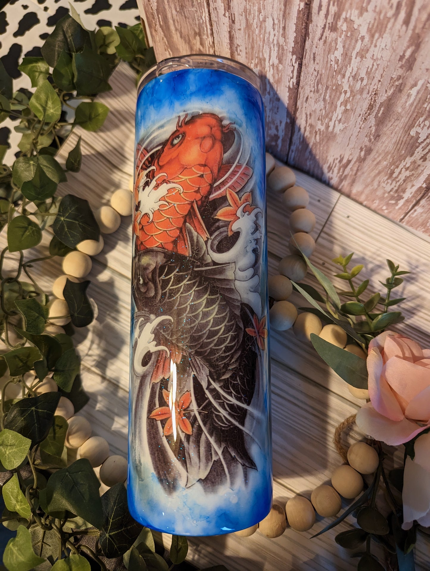 30 Oz koi fish in a dark blue alcohol ink swirl water stainless steel epoxy tumbler with lid and straw