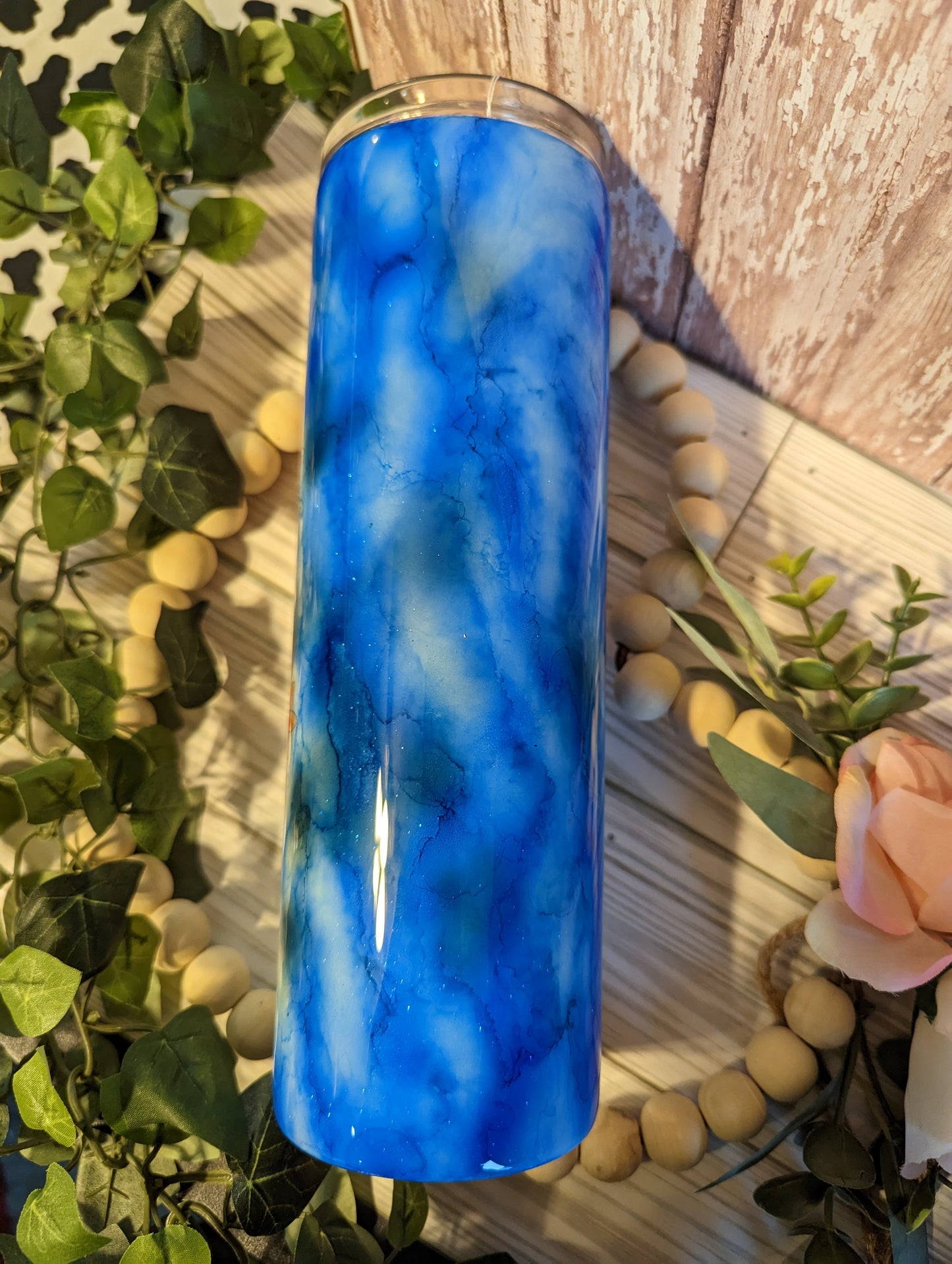 30 Oz koi fish in a dark blue alcohol ink swirl water stainless steel epoxy tumbler with lid and straw