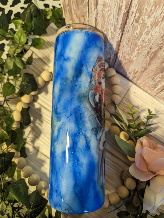 30 Oz koi fish in a dark blue alcohol ink swirl water stainless steel epoxy tumbler with lid and straw