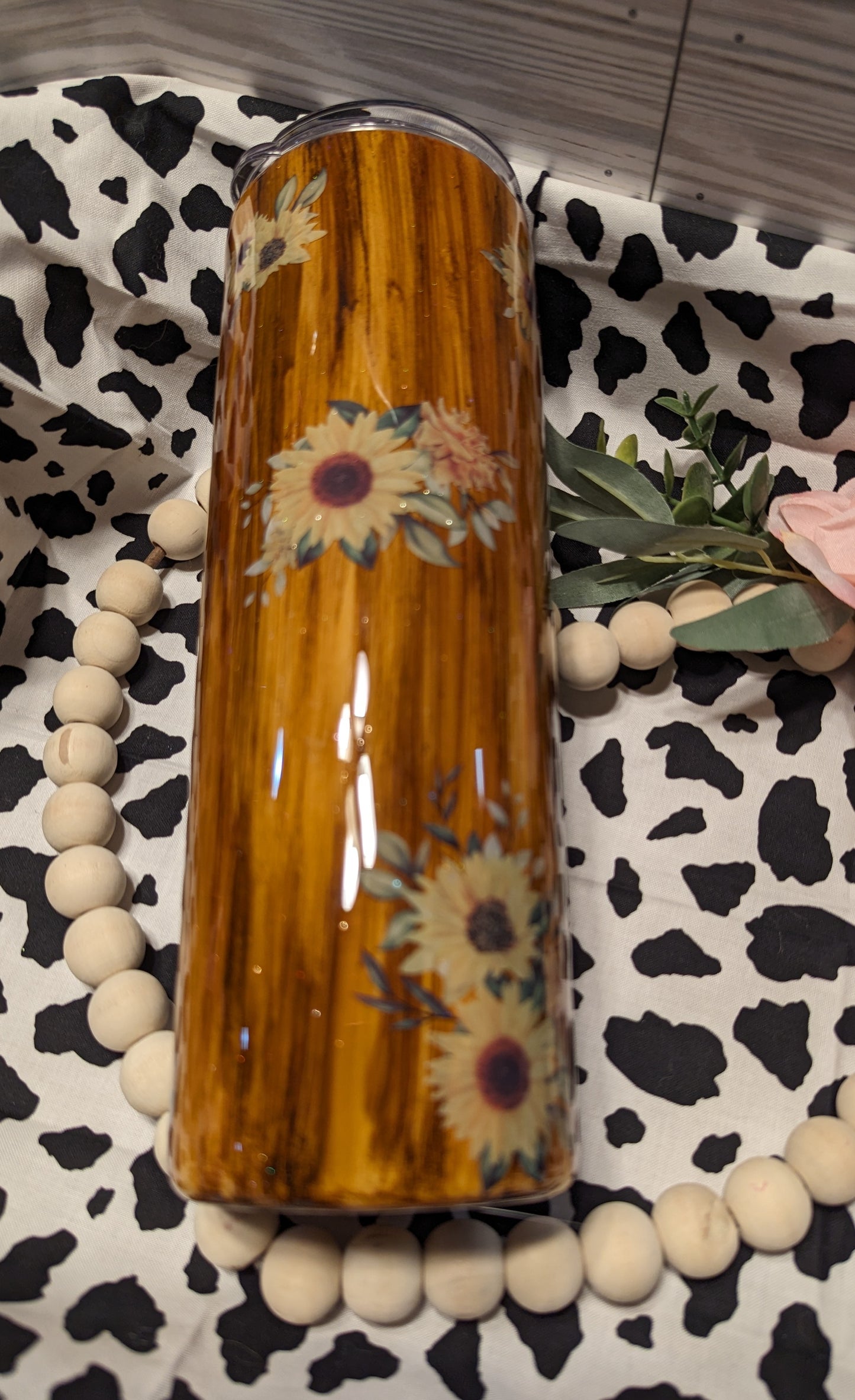 30 oz wood grain cow and sunflowers epoxy tumbler