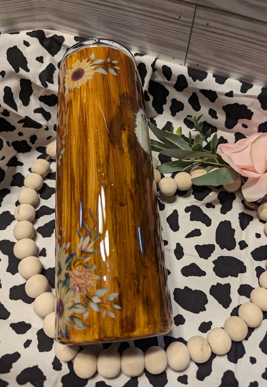 30 oz wood grain cow and sunflowers epoxy tumbler