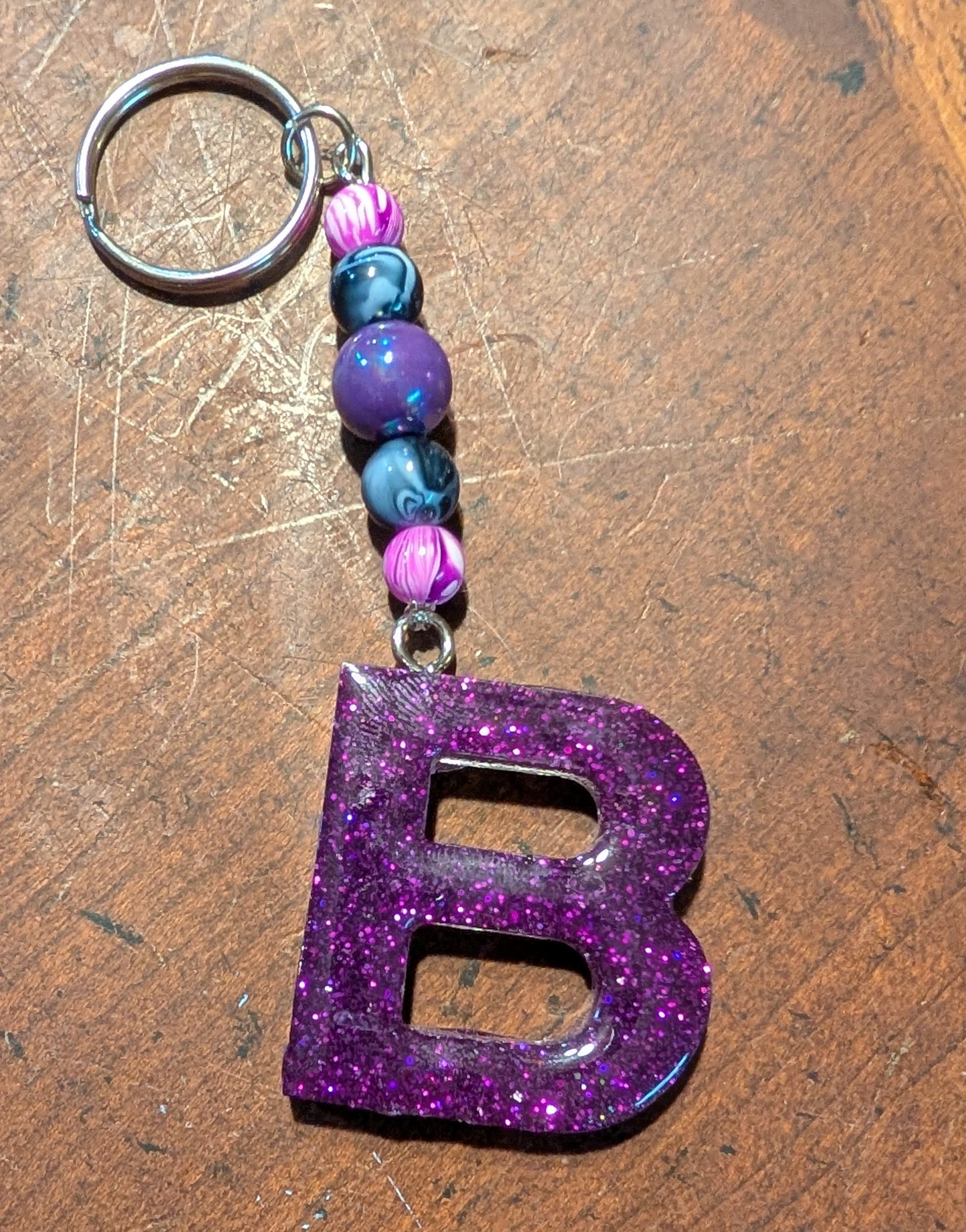 B letter purple glitter beaded keychain