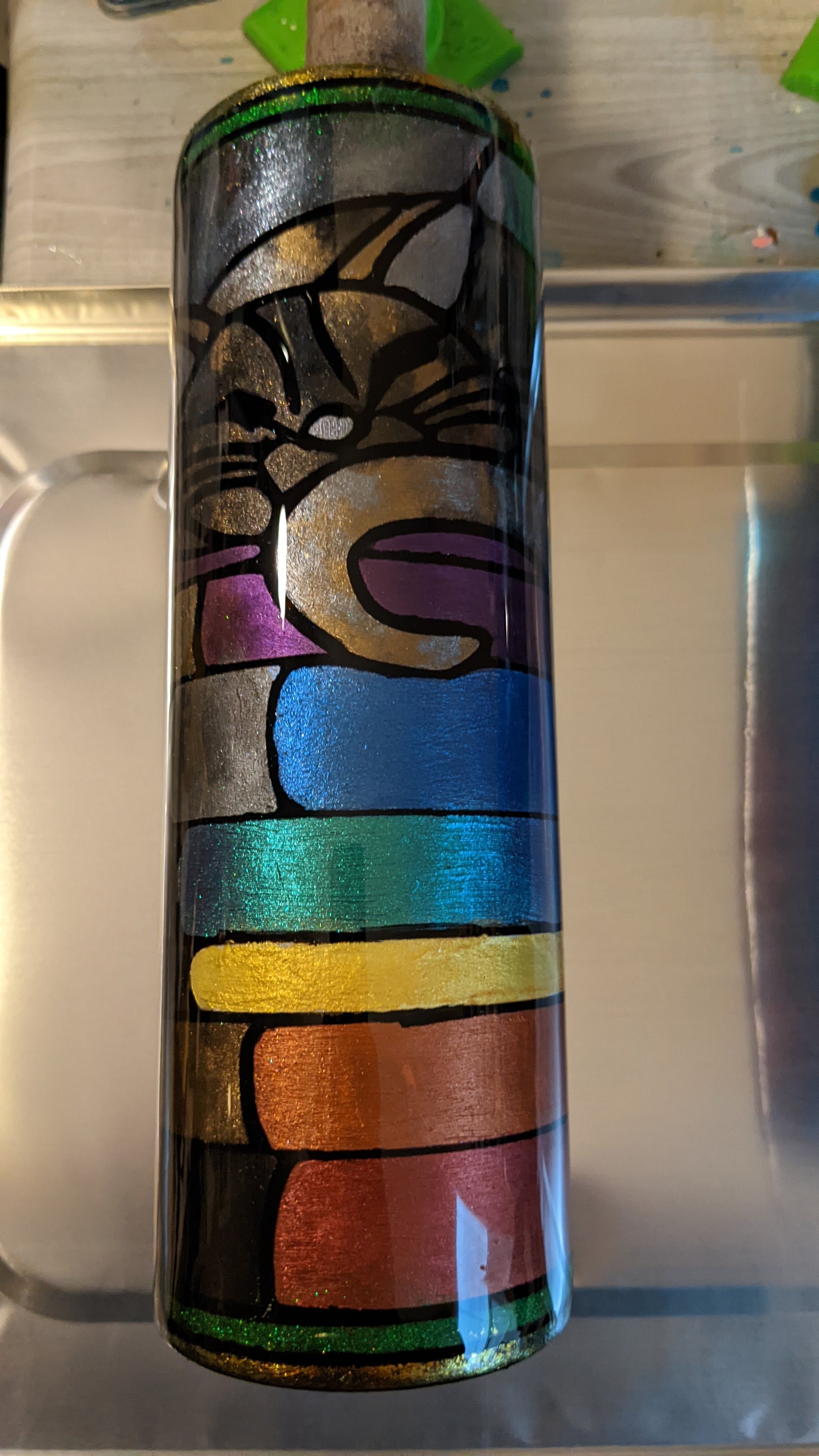 Stained glass kitty napping on books 30 oz tumbler