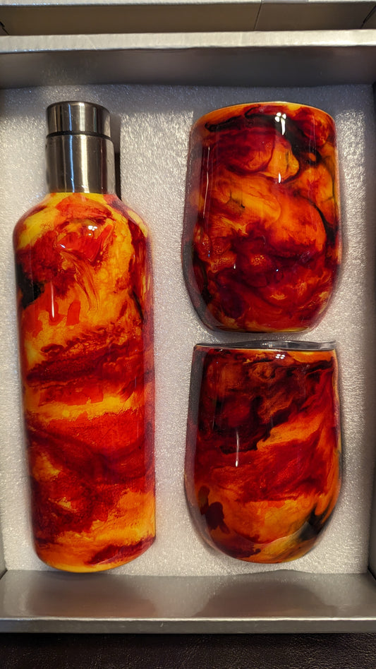 Wine Set of 2-12 oz fire/lava epoxy wine tumblers with 17 oz epoxy wine bottle