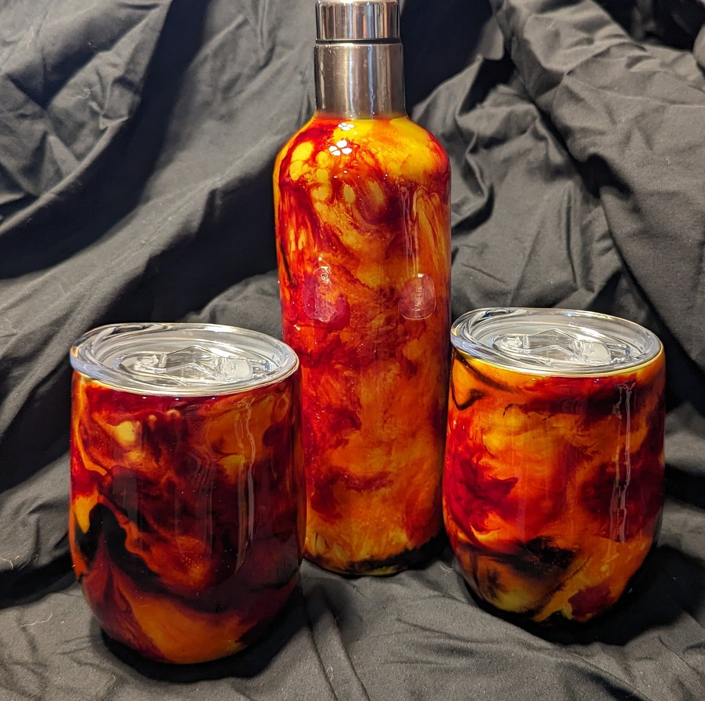 Wine Set of 2-12 oz fire/lava epoxy wine tumblers with 17 oz epoxy wine bottle