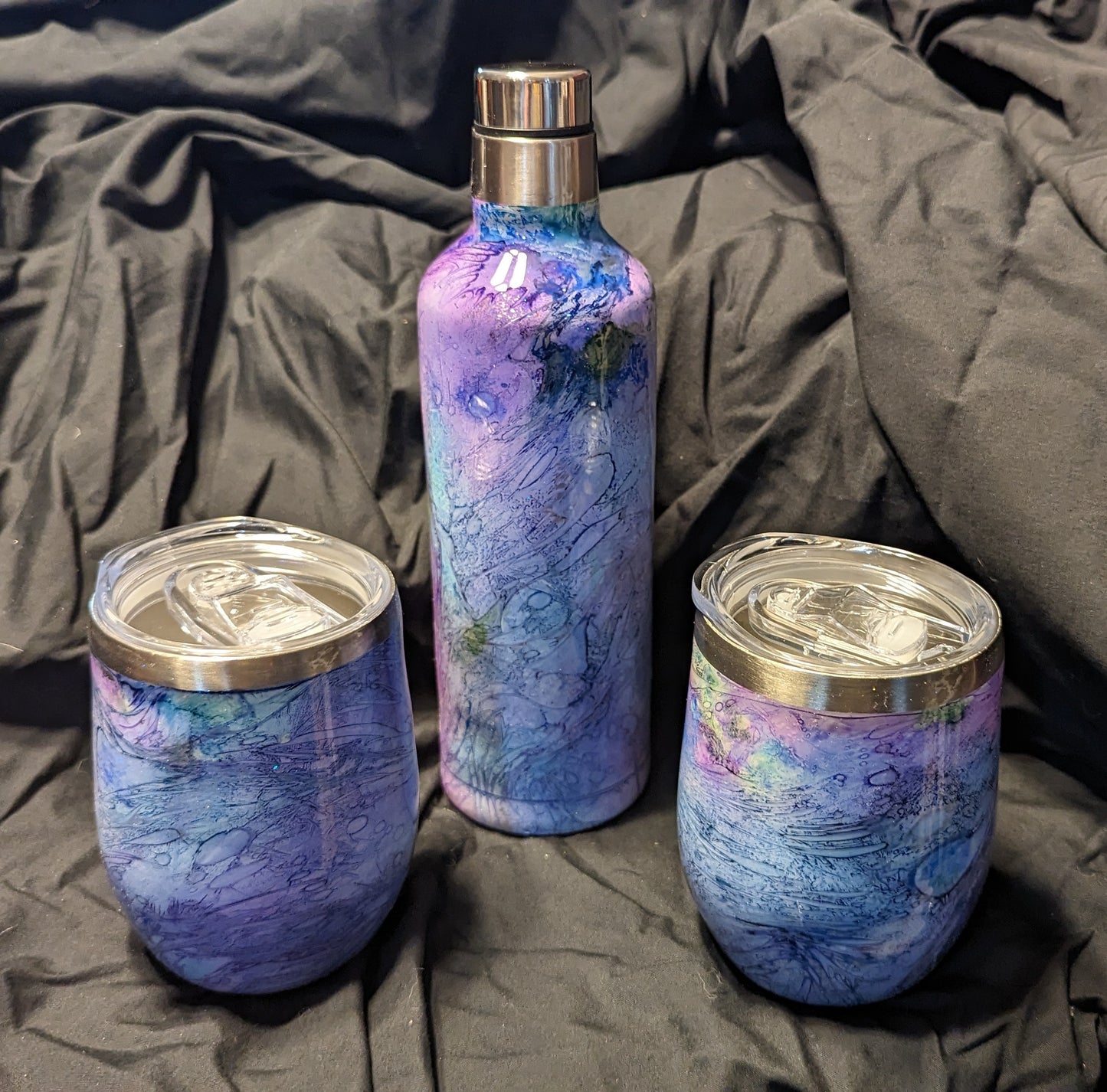 Set of 2-12 oz blue green and purple swirl epoxy wine tumblers with 17 oz epoxy wine bottle