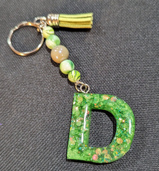 D letter green beaded keychain