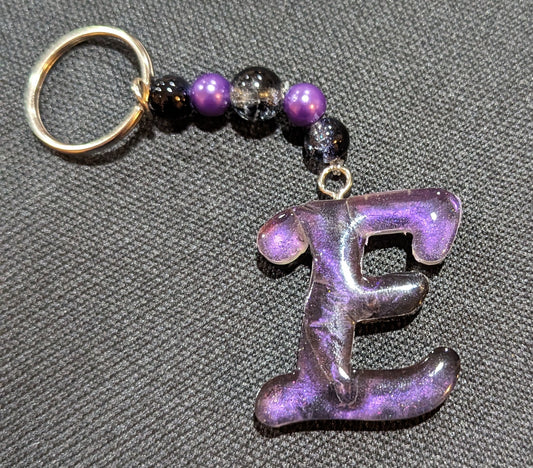 E letter purple beaded keychain