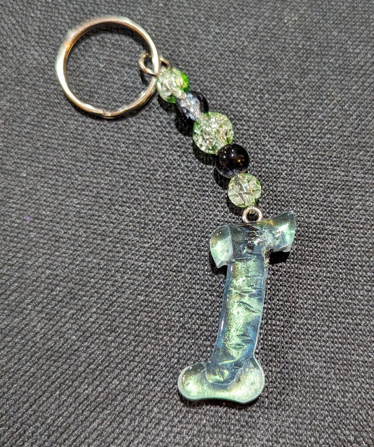 I letter green beaded keychain