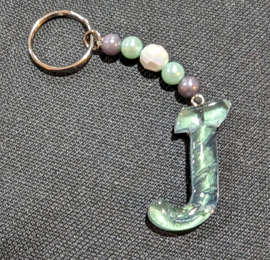 J letter green beaded keychain