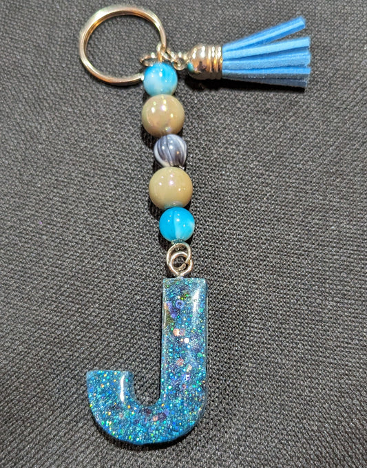 J letter blue beaded keychain