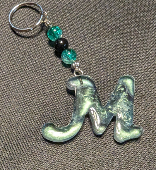 M letter green beaded keychain