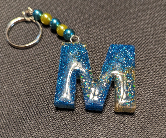 M letter Blue and gold beaded keychain