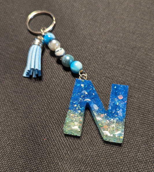 N letter blue and green beaded keychain