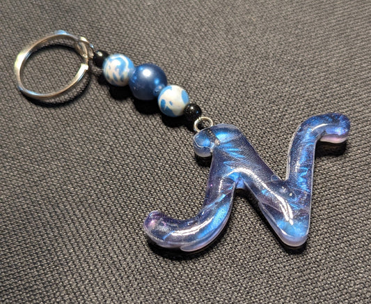 N letter blue beaded keychain