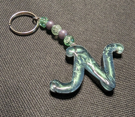 N letter green beaded keychain