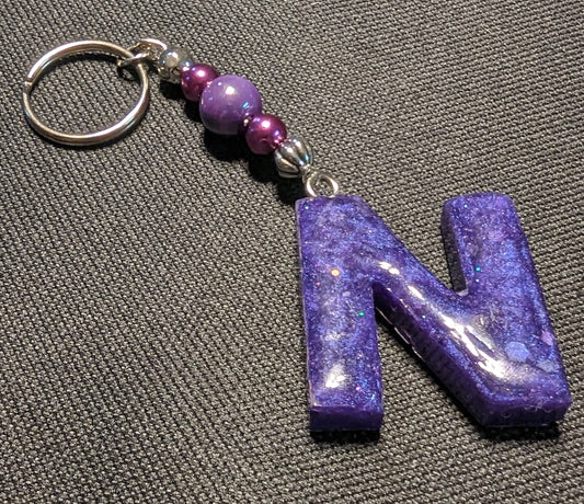 N letter purple beaded keychain