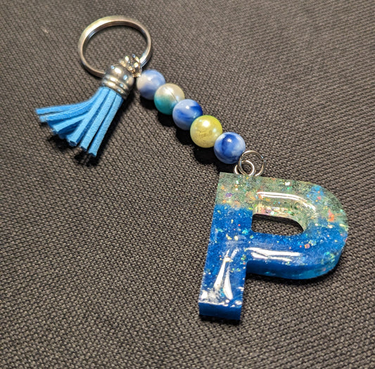 P letter blue and yellow beaded keychain