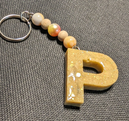 P letter yellow-gold beaded keychain