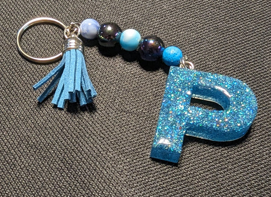 P letter blue beaded keychain