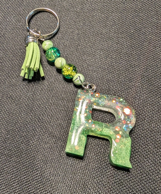 R letter green beaded keychain