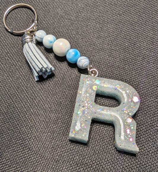 R letter light blue beaded keychain