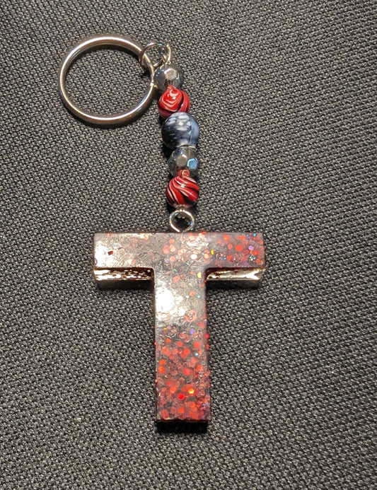 T letter red beaded keychain