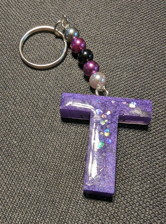T letter purple beaded keychain