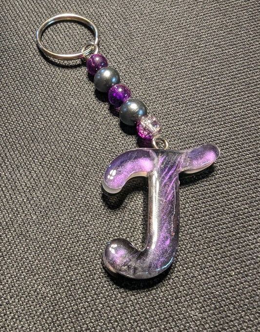T letter purple beaded keychain