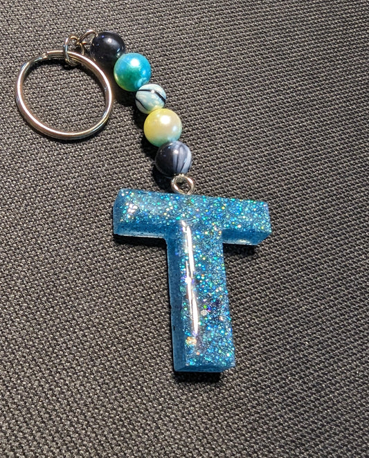 T letter blue beaded keychain