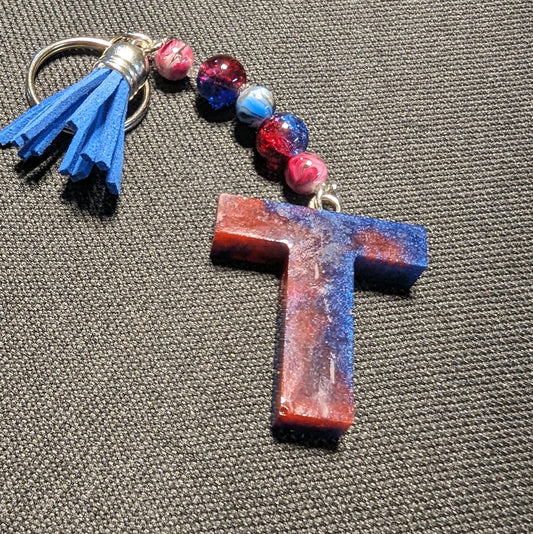 T letter red and blue beaded keychain
