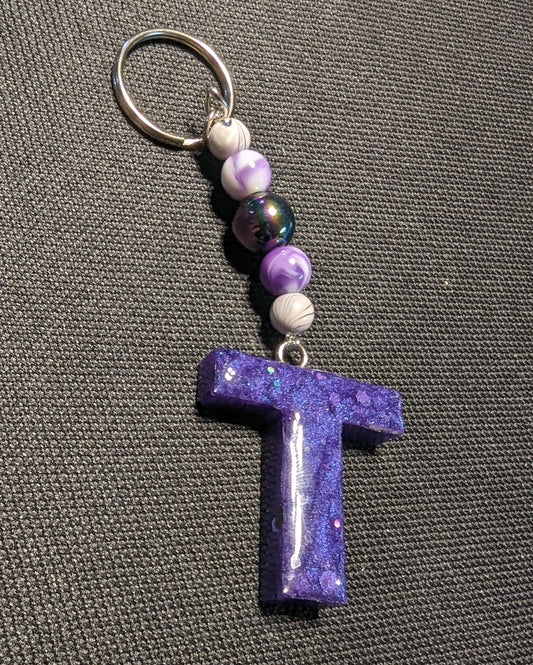 T letter purple beaded keychain