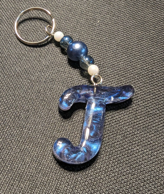 T letter blue beaded keychain
