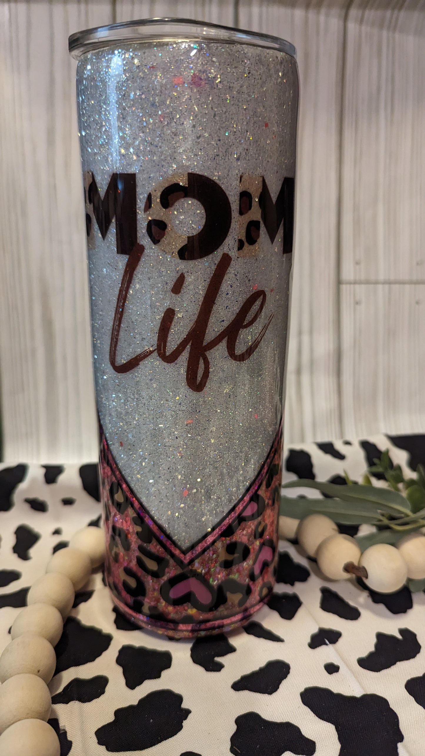 20 oz epoxy mom life with a fun heart and cheetah print tumbler