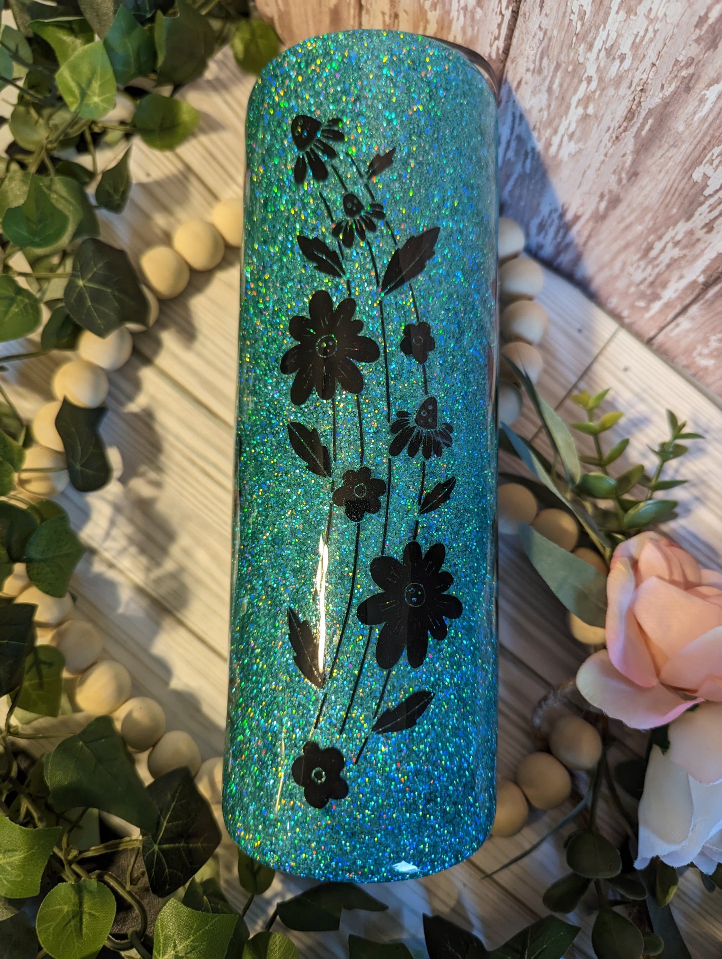 30 oz Let Go and Let God teal with flowers  stainless steel double insulated epoxy tumbler with lid and straw