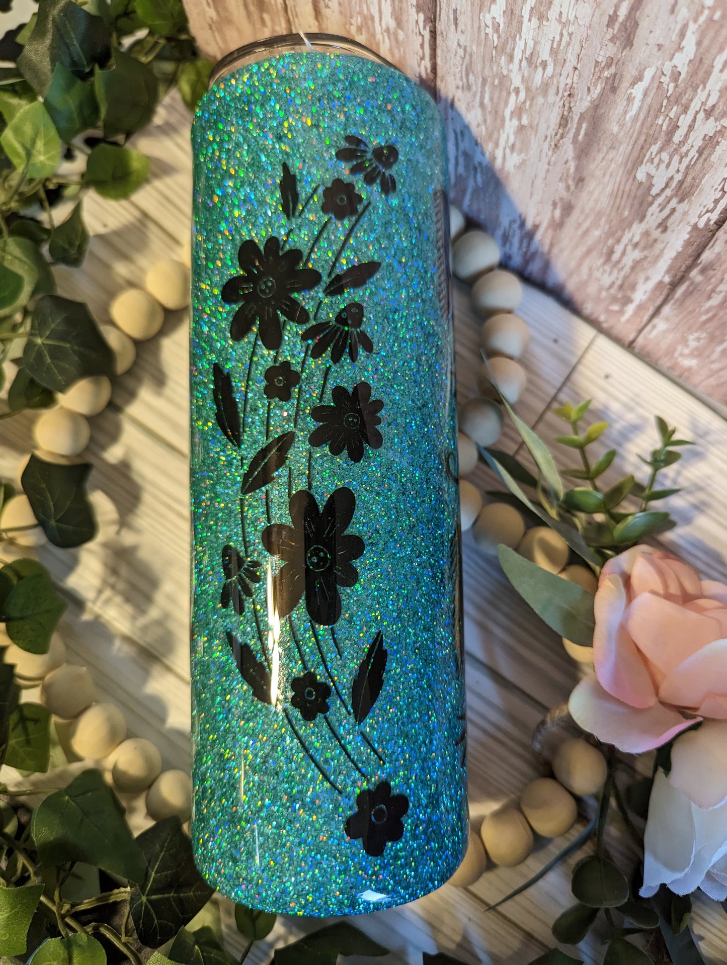 30 oz Let Go and Let God teal with flowers  stainless steel double insulated epoxy tumbler with lid and straw