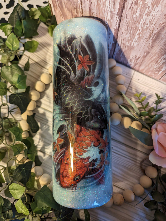 30 Oz koi fish in a light blue glitter swirl water stainless steel epoxy tumbler with lid and straw