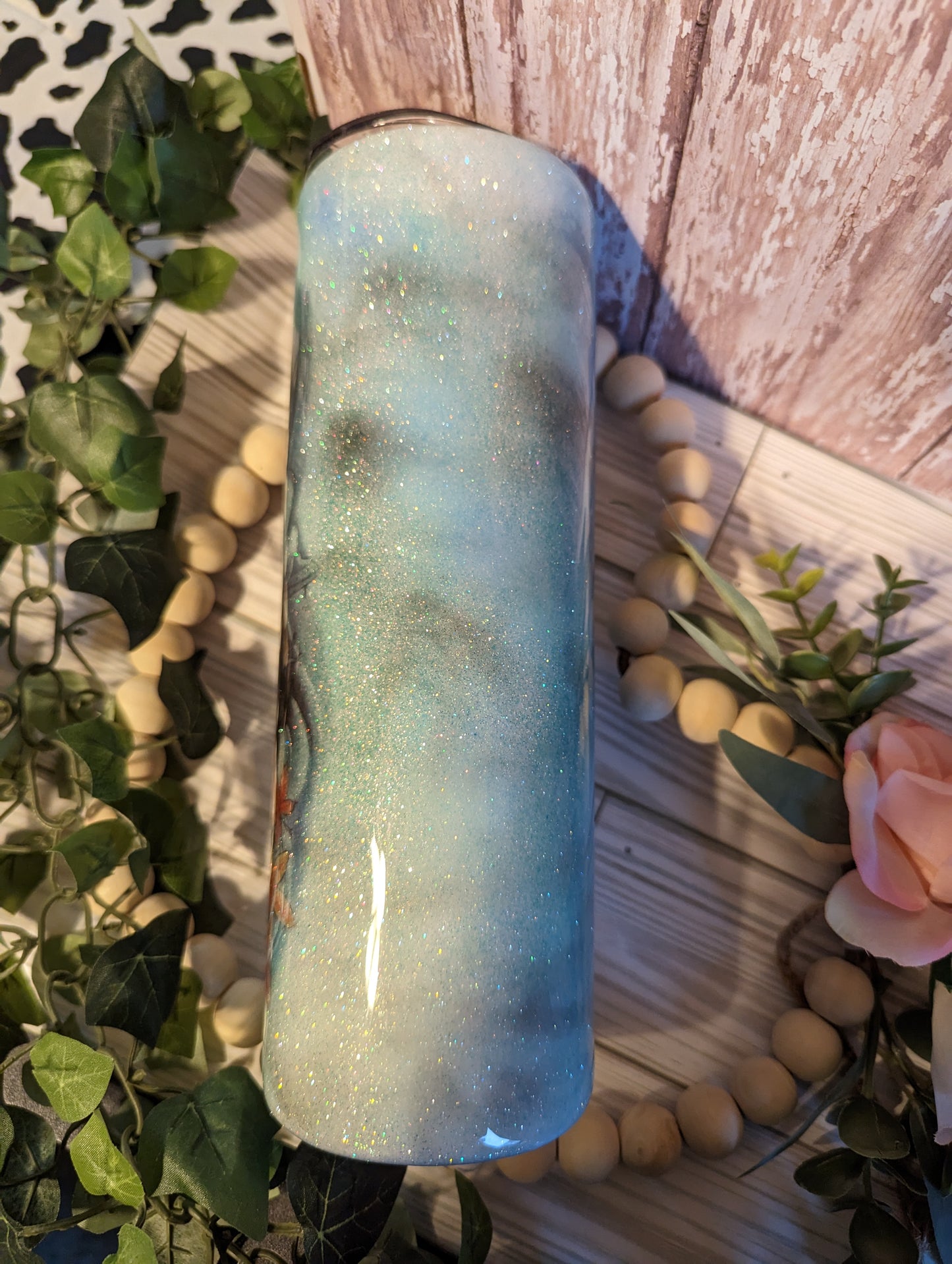 30 Oz koi fish in a light blue glitter swirl water stainless steel epoxy tumbler with lid and straw