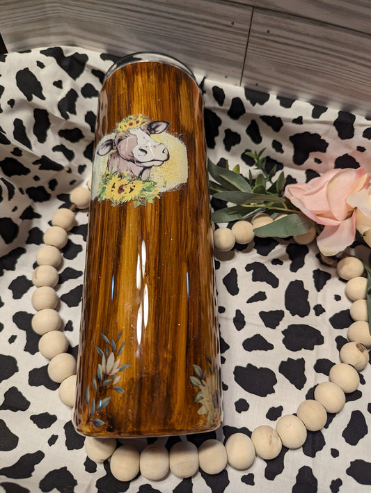 30 oz wood grain cow and sunflowers epoxy tumbler