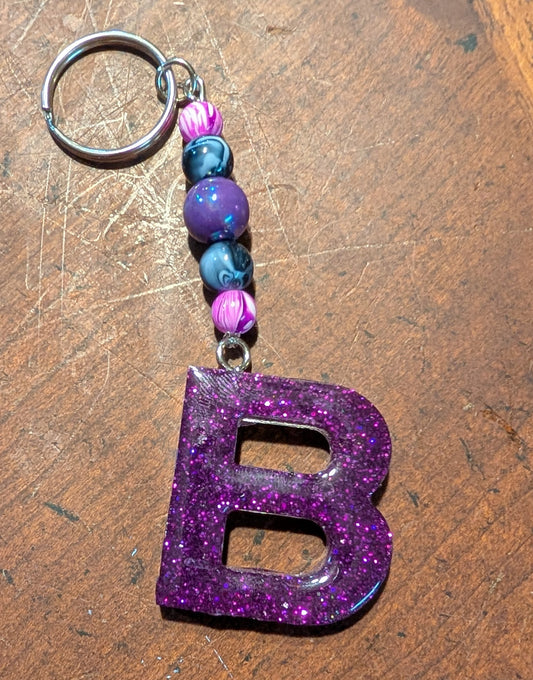 B letter purple glitter beaded keychain